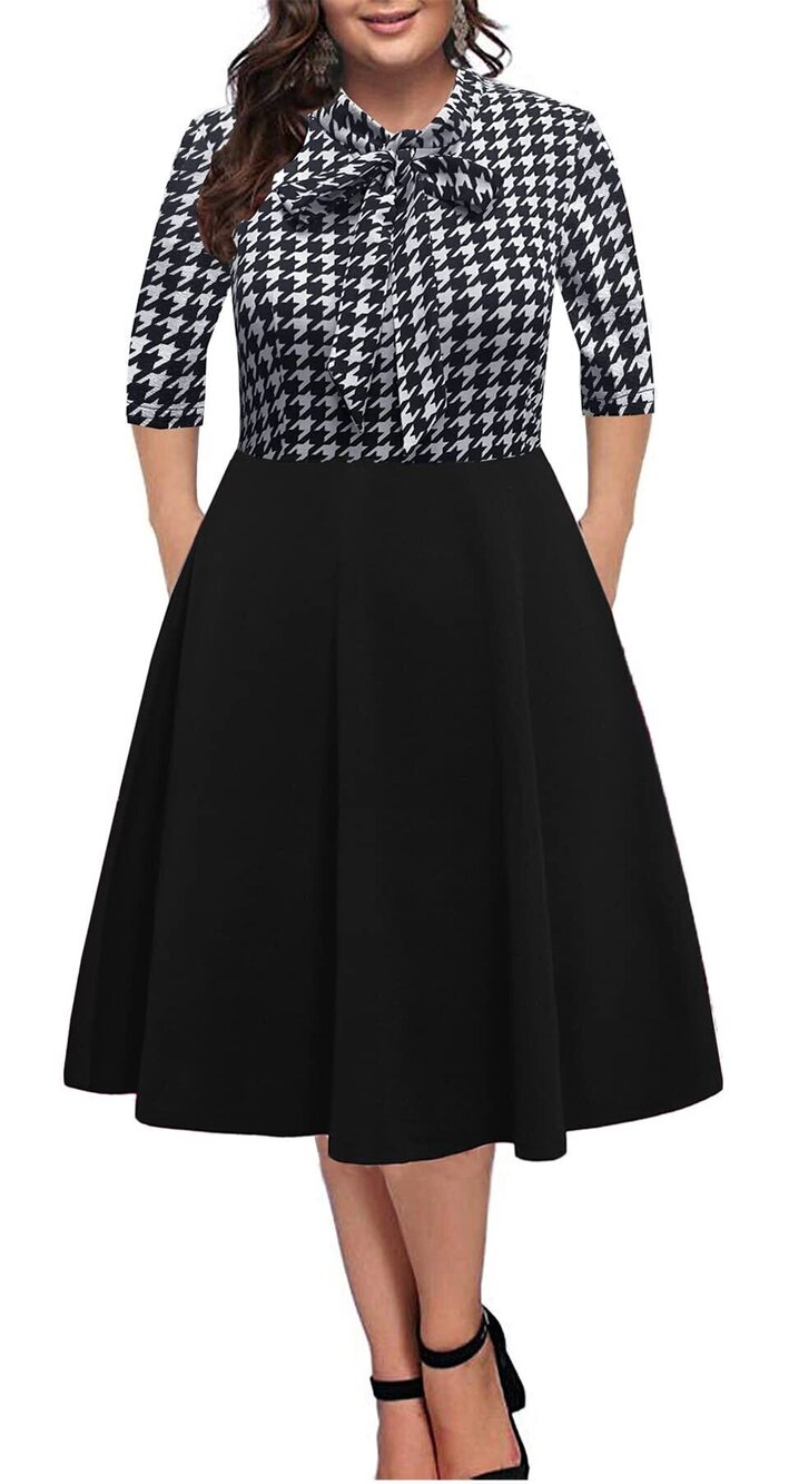 8841 Plus Size Vintage Semimal Bow Tie Neck A-Line Plaid Dresses